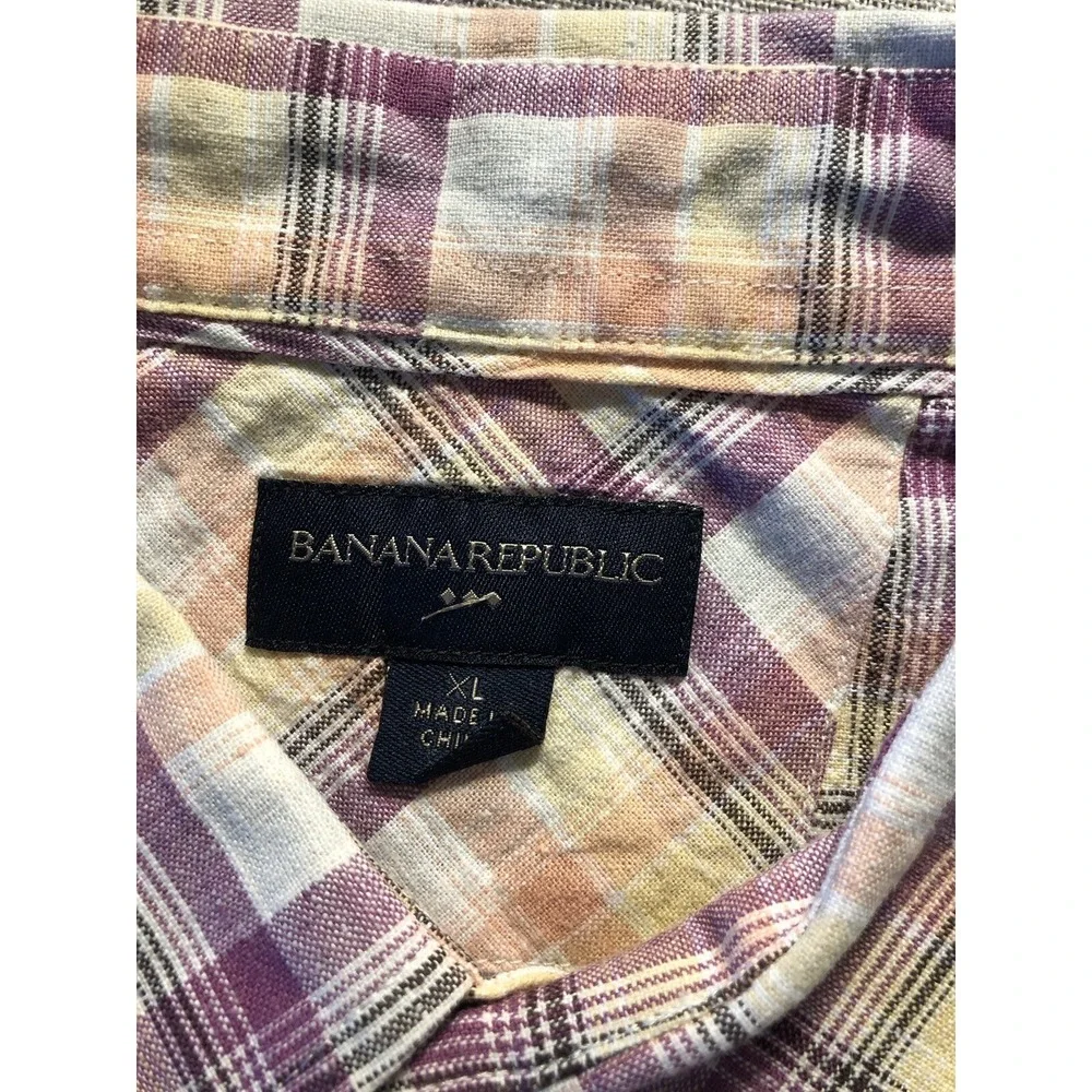 Banana Republic Shirt Men XL Linen Plaid Casual Coastal Beach Nautical